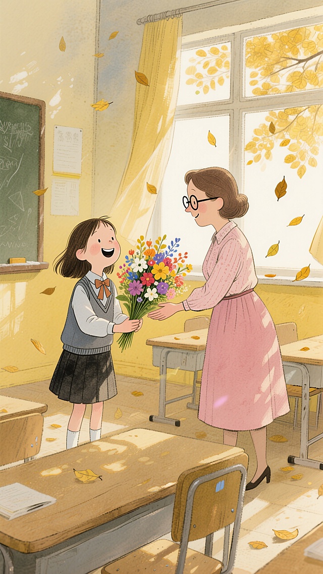温馨插画风，手账感水彩描绘，学生献花给老师，秋叶飘落，尽显教师节温情。