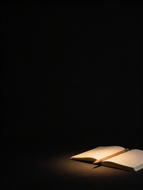 纯黑色背景（#000000），3:4比例。画面右下角有一本微微打开的素色笔记本和一支斜放的铅笔，散发极微弱暖光晕（光晕范围不超过画面1/5）。其余3/4区域为空旷深黑，无任何元素、无纹理、无噪点，保持预览效果