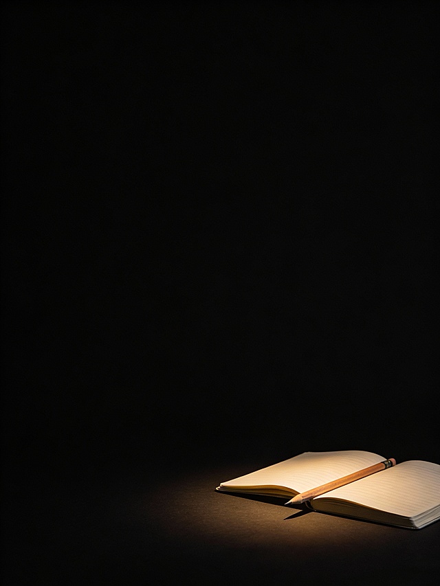 纯黑色背景（#000000），3:4比例。画面右下角有一本微微打开的素色笔记本和一支斜放的铅笔，散发极微弱暖光晕（光晕范围不超过画面1/5）。其余3/4区域为空旷深黑，无任何元素、无纹理、无噪点，保持绝对干净，适合叠加标题文字。整体氛围安静、理性、略带思辨感。无文字、无人物。