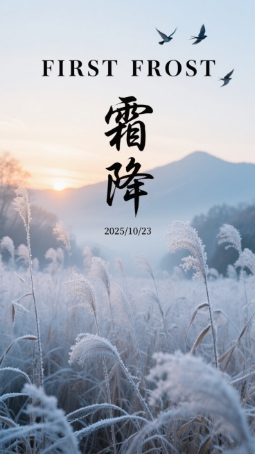 画面主体是一片覆着薄霜、呈现出清冷蓝白色调的芦苇丛，背景是朦胧远山与带着暖色调的落日，几只飞鸟点缀天空，营造出深秋时节静谧又略带萧瑟的氛围。上方有英文 “FIRST FROST”，中间是书法字体的 “预览效果