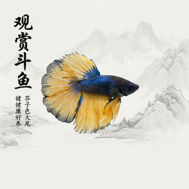 [主图 3] 斗鱼整体展示产品主图
[氛围风格] 写意国潮风，自然灵动，意境国风
[画面元素] 商业摄影质感，光线柔和通透，产品清晰真实，画面干净高级。完整展示游动姿态的泰国芥子半月斗鱼，保留蓝黄芥子预览效果