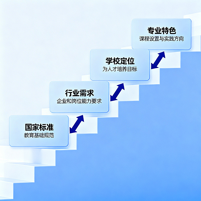 教育标准转化流程图，展示“国家标准—行业需求—学校定位—专业特色”四级递进转化关系，采用阶梯式布局，蓝色系商务风格，箭头清晰标注转化方向