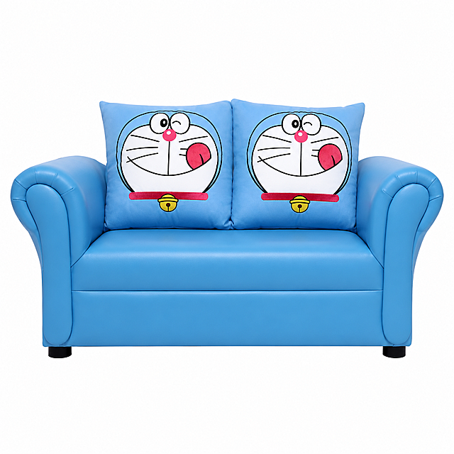纯白背景，居中展示哆啦A梦款双人儿童沙发的标准正面视角，完整呈现双人沙发的整体比例、双抱枕造型，产品占画面中心70%-80%，构图对称平衡，高清8K分辨率，PU皮质表面纹理，蓝色色彩，抱枕哆啦A梦印花质感，光影均匀柔和，边缘干净利落，无模糊噪点