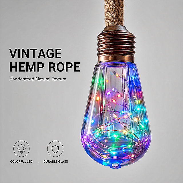 [主图-2] Detail close-up of hemp rope and glass bulb.
Highlight the vintage hemp rope material and the texture of glass papaya bulb.保持产品外观（即物理结构、材质质感、多彩灯光颜色）与输入产品图绝对一致，杜绝任何变形和色差，精细化处理。商品主体占比严格控制在70%-75%，画面干净简洁，低饱和浅灰渐变背景，符合跨境平台规范。特写展示麻绳编织纹理接口，以及灯泡玻璃透明质感和内部彩色LED灯珠排布。
[氛围风格] 专业细节展示，极简干净商业摄影风格。
[画质] 商业摄影质感、产品细节清晰锐利、材质纹理真实可见、画面干净高级。
[光影] 柔和布光，从侧前方打亮突出麻绳纤维和玻璃光泽，高光柔和不刺眼，暗部清晰保留细节，产品轮廓立体感强。
[配色] 背景低饱和浅灰色，突出产品本身麻绳棕色和玻璃多彩颜色。
[文字版式] 左侧负空间标注卖点文字，全英文，左对齐留安全边距。大字卖点"VINTAGE HEMP ROPE"，加粗无衬线，黑色醒目；辅助小字"Handcrafted Natural Texture" 缩小一半字号，同色系浅黑。产品下方分两列标注两个卖点：列一 "COLORFUL LED" 列二 "DURABLE GLASS"，均为短句，清晰简洁。文字不遮挡主体。
[视角构图] 特写平视视角，主体居中，背景纯净。
[比例分辨率] 1:1 比例，4k 分辨率；文字清晰锐利，画面超高清。
[负向提示词] 变形，水印，文字错乱，产品模糊，背景杂乱，多余营销信息，中文，边框