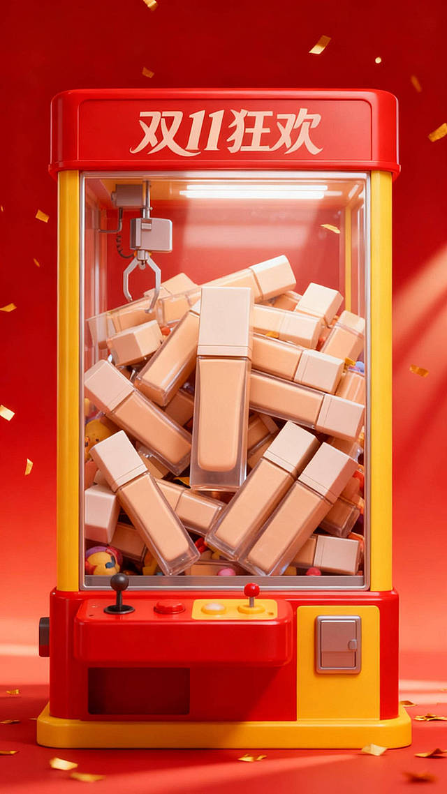 3D写实风格，将画面中的主体提取到一个娃娃机里，主体重复的、拥挤的、密集且杂乱堆叠，堆满娃娃机内部，不留任何空隙，促销风格，娃娃机是红黄配色的，上面写着用优雅的字体写着“双11狂欢”，背景是红色渐变，有一些金色碎屑点缀，有光线效果。