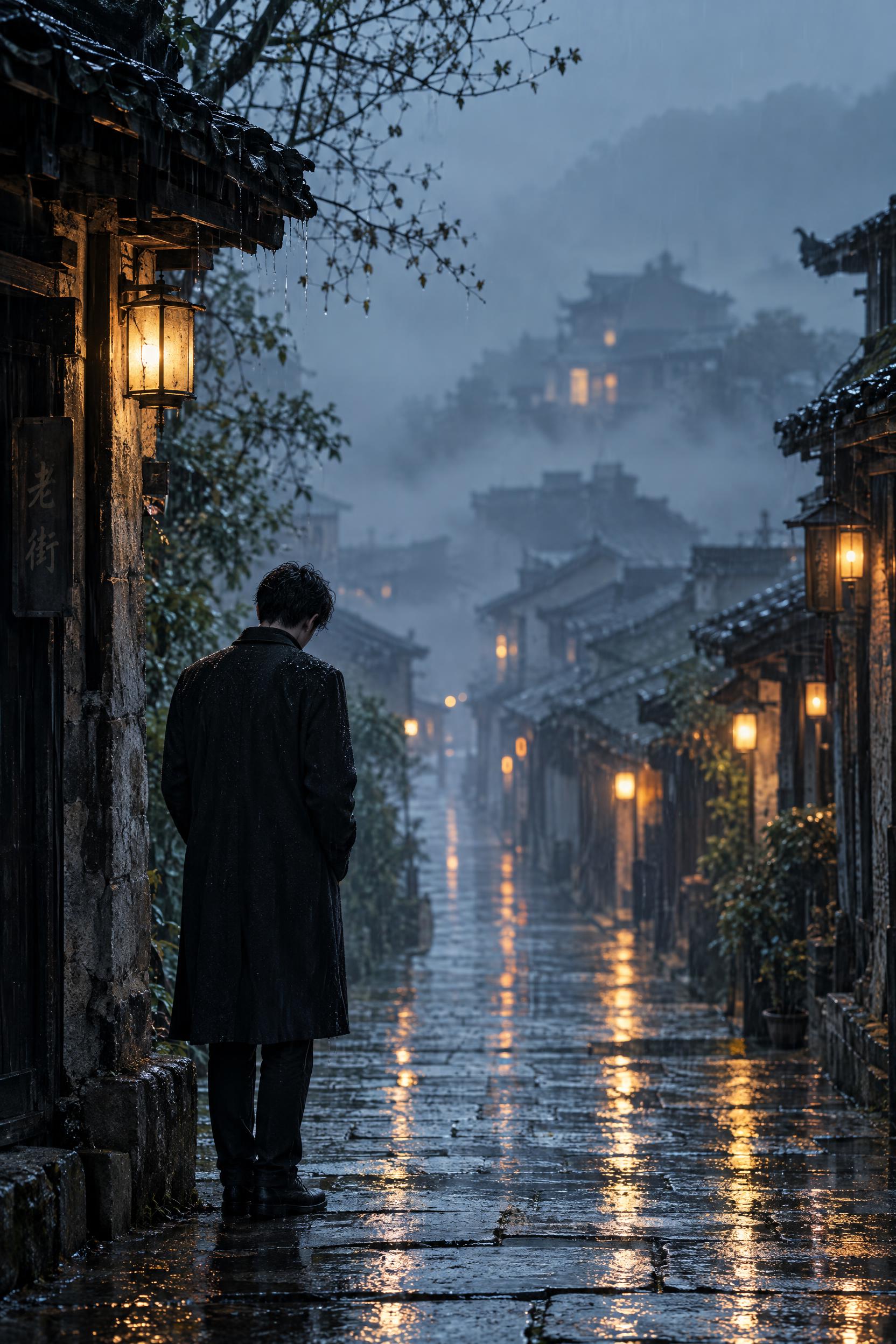 雨后的老街巷，青石板路面被雨水冲刷得干干净净，反射着昏黄的街灯… - 图片创意预览