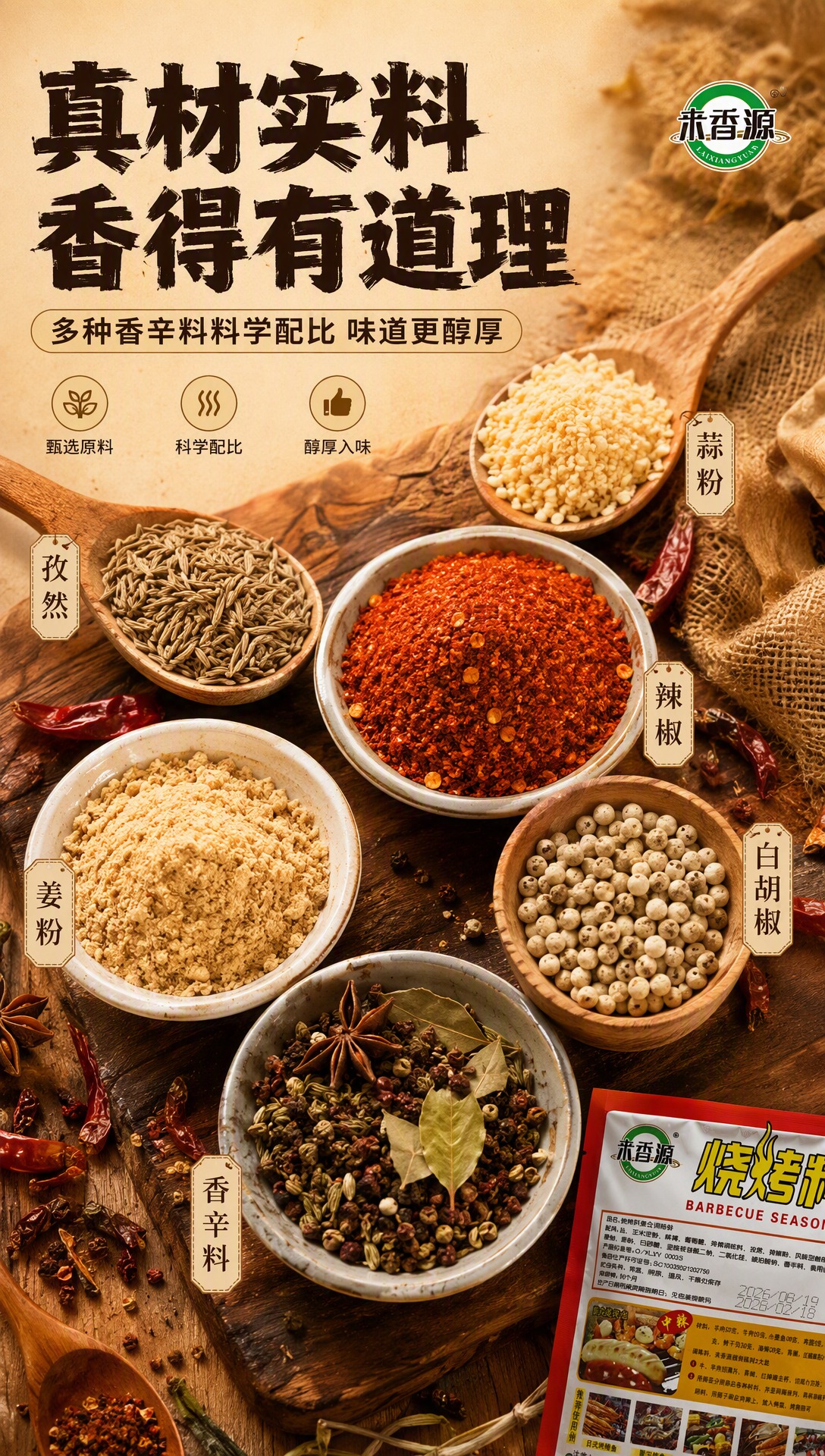 [商品] 使用【图2】来香源烧烤料背面包装作辅助参考，提取配料… - 图片创意预览
