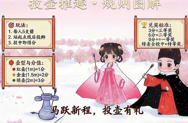 将图片中共创“飞帆”，百投百中的这8个字去掉，改成：马跃新程，投壶有礼