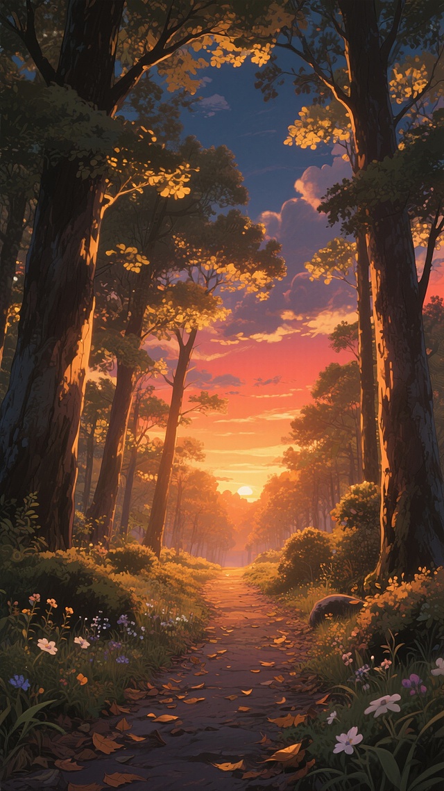 日系动画风格插画，黄昏时分的森林小径，参天大树林立，枝叶间洒落温暖的橙黄色夕阳光线，地面铺满落叶，两侧点缀着野花和低矮灌木丛，天空呈现渐变的橙红与深蓝，云层被染成金色，整体氛围宁静而温暖，光影对比柔和，细节丰富，色彩和谐，构图采用纵深透视，营造出神秘悠远的意境。