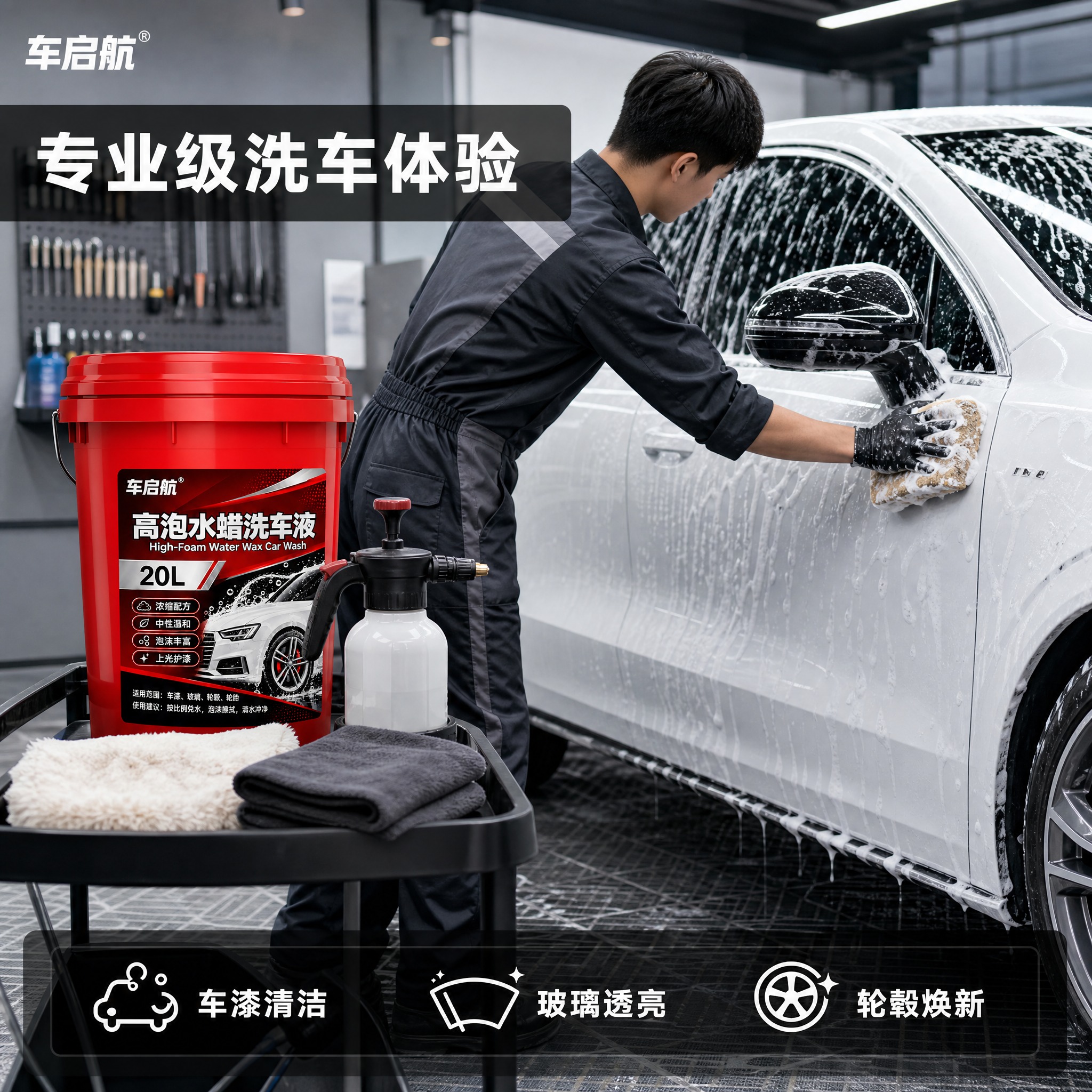 [主图-4] 使用场景 专业洗车流程场景图。淘宝品质风格，真实… - 图片创意预览