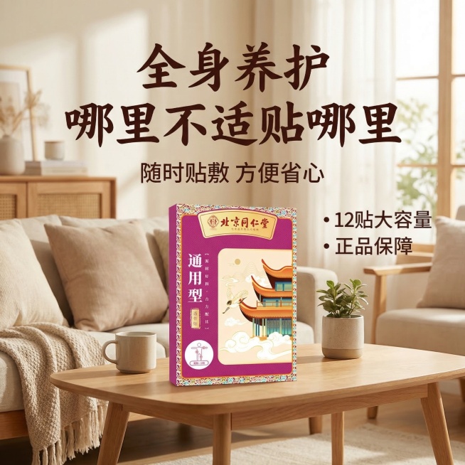 产品为北京同仁堂通用型透骨贴，产品外观与原图保持完全一致，居中展示，背景是温馨家居场景，浅原木色茶几搭配布艺靠垫，自然光柔和温暖，整体氛围生活化舒适，主文案“全身养护 哪里不适贴哪里”，副标题“随时贴预览效果