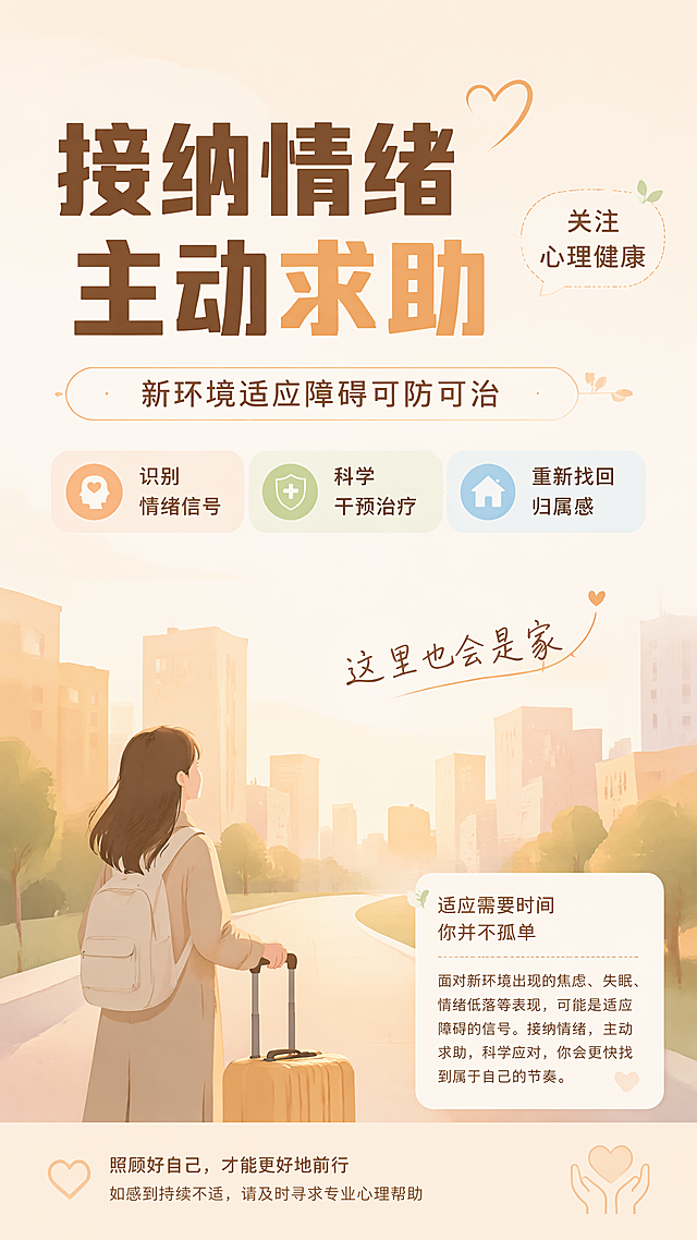 简约温暖专业医疗科普风格适应障碍科普海报，设计精美，版式清晰。主标题"接纳情绪 主动求助"，副标题"新环境适应障碍可防可治"，装饰文案"关注心理健康"和"这里也会是家"，三个卖点标签：识别情绪信号、科学干预治疗、重新找回归属感。背景采用柔和浅暖色调，搭配抽象温暖的城市初入场景，整体风格专业治愈，层级清晰，文字清晰可读。主视觉突出文字主题，画面留白舒适，传递正向鼓励关注心理健康的理念。