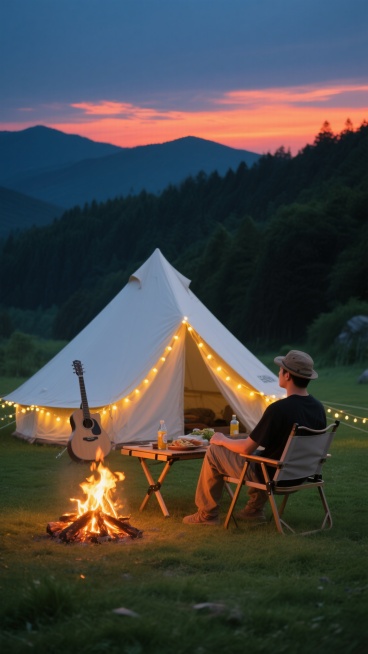 写实风格露营场景摄影，日落时分，深蓝色天空点缀橙红色晚霞，远处是墨绿色山林，前景为绿色草地。中央是白色帐篷，帐篷周围缠绕着暖黄色串灯，帐篷旁立着一把木吉他。帐篷前有燃烧的篝火，火焰明亮，旁边摆放着折叠桌椅，桌上有饮料和食物，一名穿着黑色T恤的男子坐在椅子上，头戴帽子，面向篝火。整体光影柔和，篝火和串灯提供温暖光源，营造出宁静惬意的户外露营氛围，色调和谐，层次分明，细节丰富，无LOGO、文字及二……预览效果