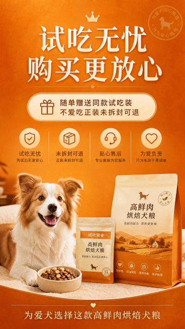 [第12屏] 试吃保障售后收尾页。顶部标题"试吃无忧 购买更放心"，说明随单赠送同款试吃装，不爱吃正装未拆封可退，底部呼吁为爱犬选择这款高鲜肉烘焙犬粮。爱马仕橙色渐变底色搭配米白文字，高端温馨风格呼应预览效果