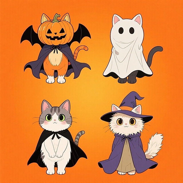 4个万圣节小猫变装元素，上下两行整齐排列，不重叠，橙色背景。