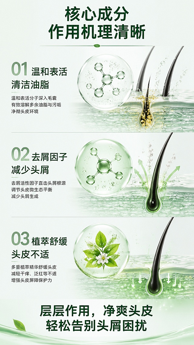 [第3屏] 成分功效解析页，展示祛屑净爽核心作用机理。本屏不展示产品外观，聚焦成分机理示意。
[氛围/风格] 专业科研质感，简约干净，清晰表达成分作用逻辑。
[元素布局] 画面分为三段式从上到下，顶部标题，中部三个放大核心成分元素依次排列：温和清洁分子、去屑活性因子、舒缓植萃精华，每个元素占比都超过30%画面，分别标注功效，底部总结利益点，元素清晰突出，不做小icon点缀。用发丝毛囊结构示意图展示作用路径。
[光影质感] 均匀柔光照明，各成分元素清晰突出，边界干净，无杂乱阴影。
[配色色系] 全局底色 #f0f4f0；主色浅绿+浅灰，辅助深绿文字，低饱和度温和配色。
[视角构图] 三段垂直流式构图，从上到下阅读动线清晰，信息逻辑顺畅。
[文字版式] 顶部主标题「核心成分 作用机理清晰」，三段分别标注：温和表活清洁油脂、去屑因子减少头屑、植萃舒缓头皮不适，底部总结：「层层作用，净爽头皮，轻松告别头屑困扰」，文字大且清晰，每段文字对应大尺寸成分示意图标。
[比例分辨率] 9:16竖版比例，4K分辨率，文字清晰可辨，高清画质。
[负向提示词] 元素过小，文字错乱，背景杂乱，虚假医疗宣传，夸大功效