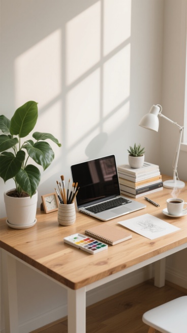 自然光从窗户斜射而入，在浅色墙壁上投下清晰的窗格阴影，营造出明亮通透、宁静舒适的居家办公氛围。一张原木色桌面的书桌，桌面光滑有自然木纹，桌腿为白色简约设计。桌上放置着不同场景和布置：左侧可能是一盆茂盛的绿色观叶植物，右侧是一台打开的银色笔记本电脑，电脑旁叠放着几本不同厚度的书籍，书籍上点缀着一盆小型多肉植物在白色花盆中；或者桌面上是一盏简约设计的台灯，旁边散落着几本翻开的笔记本和一支金属钢笔，……预览效果
