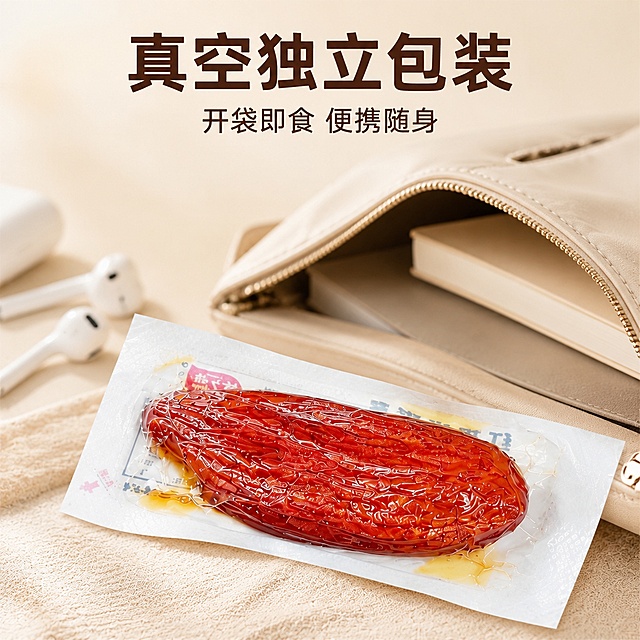 [主图-6] 真空独立包装便携卖点场景展示
[氛围风格] 外出便携生活化场景，方便实用
[画质] 商业摄影质感，光线柔和通透，产品清晰真实，画面干净高级
[元素] 一包真空独立包装的红薯干放在打开的通勤包旁，旁边露出耳机和书本一角，展示出门随身便携的使用场景；保持产品外观（即物理结构、材质质感、颜色）与输入产品图绝对一致，杜绝任何变形和色差，精细化处理；产品主体在前景，占比约65%，通勤包背景自然虚化
[光影] 室内柔和自然光，光线均匀，突出真空包装的质感和便携性
[配色] 主色调为包身米杏色，产品暖红色，对比清晰自然
[视角构图] 平视浅景深，前景清晰，背景虚化
[文字版式] 顶部大字「真空独立包装」，深棕色粗体；副标题「开袋即食 便携随身」，同色系缩小，排版简洁
[输出要求] 1:1 比例，文字清晰锐利，超高清商业摄影质感
[负向提示词] 变形，文字错乱，产品图模糊，背景杂乱，水印，电商平台Logo，改动原包装，生成新包装，配料表，营养成分表