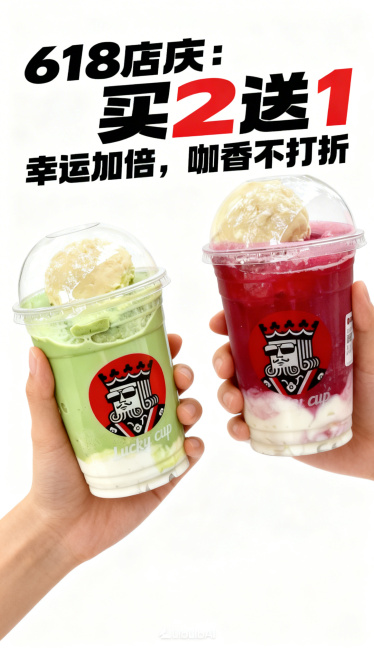 幸运咖夏日饮品宣传海报，展示图中的两款绿色和红色冰淇淋顶饮品，有一只手手持其中一杯饮品展示，整体夏日清新氛围感，海报上添加宣传文字"618店庆：买2送1，幸运加倍，咖香不打折"，文字清晰醒目预览效果