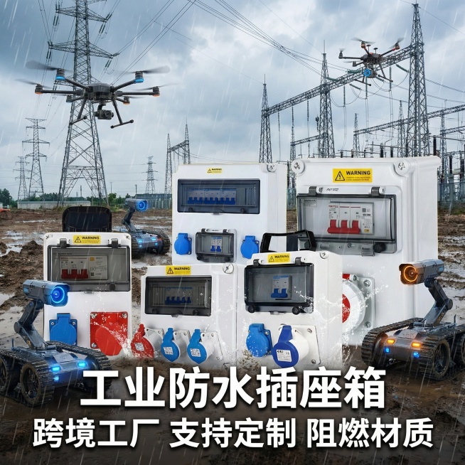 将背景替换为户外大型智能电网巡检场景，科技感巡检设备环绕，突出工业防水插座箱在智能电网场景的稳定性，添加文字"工业防水插座箱 跨境工厂 支持定制 阻燃材质"，打造智能电网巡检场景的电商主图预览效果