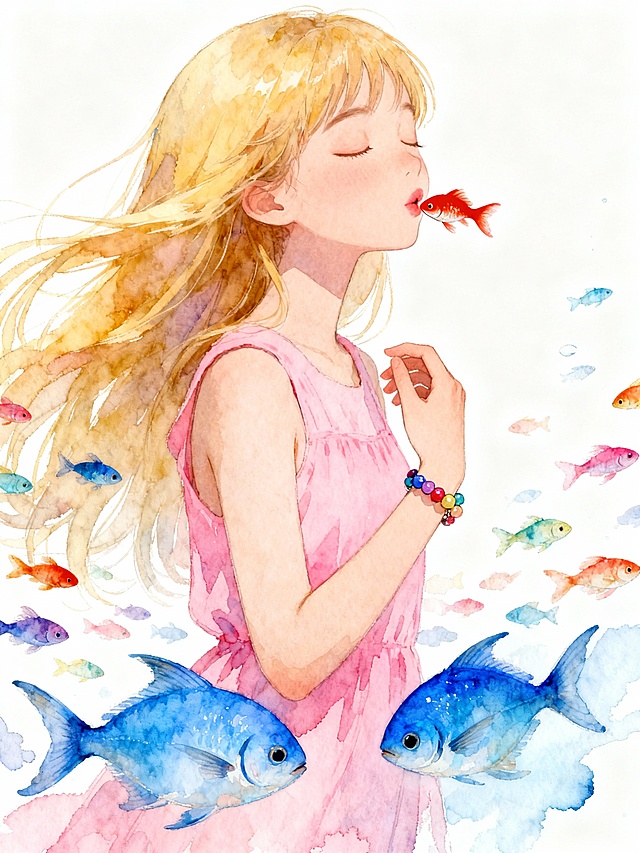 水彩风插画，少女与鱼群共舞，拟人化梦幻场景，清新柔和色调，超现实主义构图，营造甜美梦幻氛围。