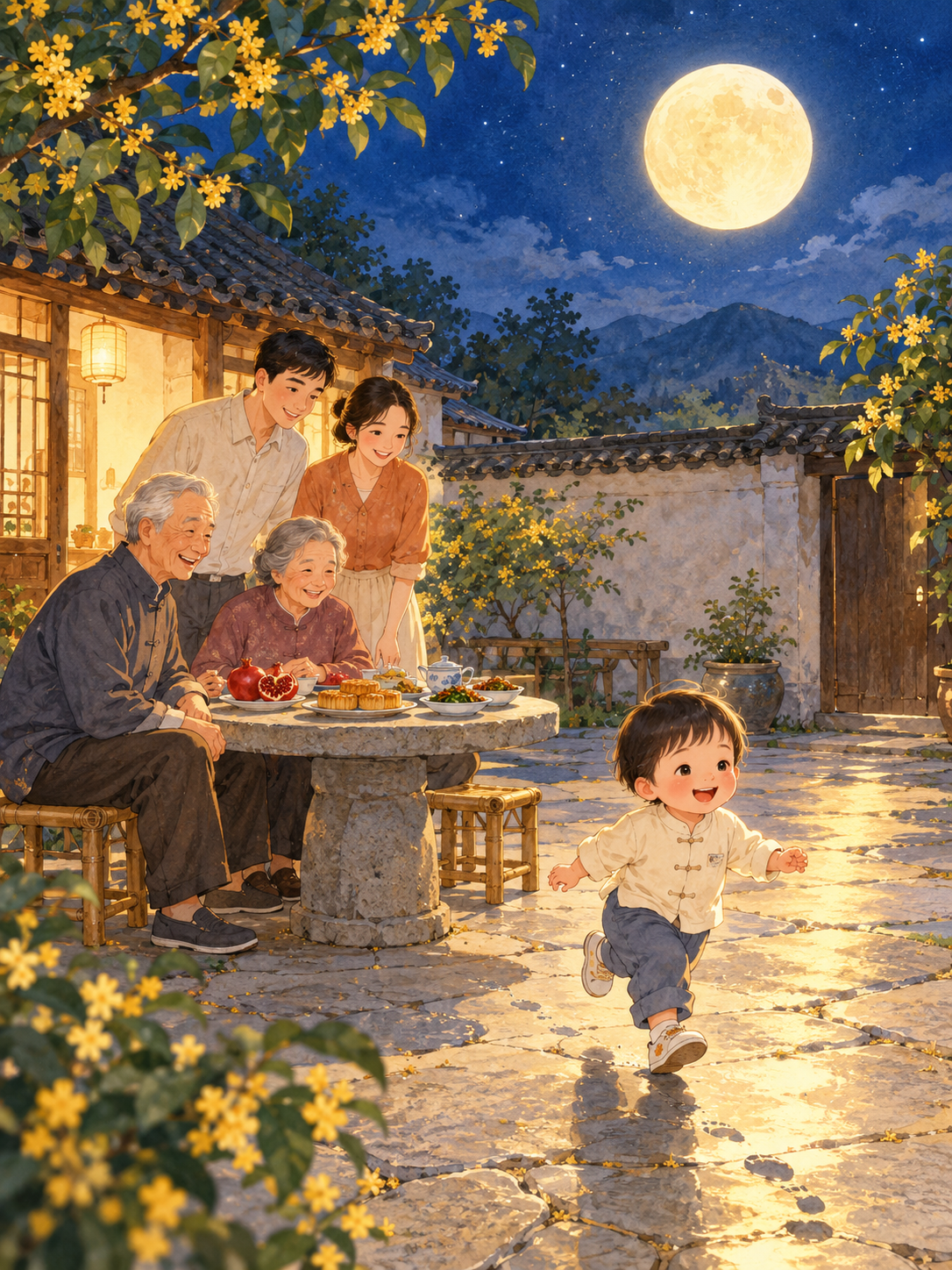 中秋家乡小院场景，温暖的国风手绘水彩风格。夜晚的家乡小院，青石… - 图片创意预览