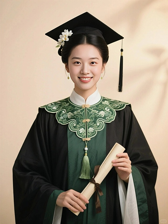 正面照，黑色古风低垂发髻，穿戴学士服学士帽，戴绿色刺绣流苏云肩，学士帽两边都簪了白色的花，手上拿了一个卷轴，半身照，背景浅色质感，暖光