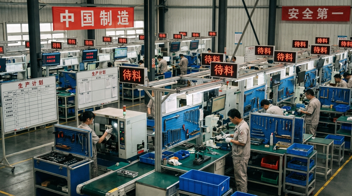 中国制造工厂生产车间，多条生产线因缺料待机，中国工人在工位整理工具，现场生产安排紧凑有序但处于待料状态，所有标识文字为中文，写实工业摄影风格预览效果