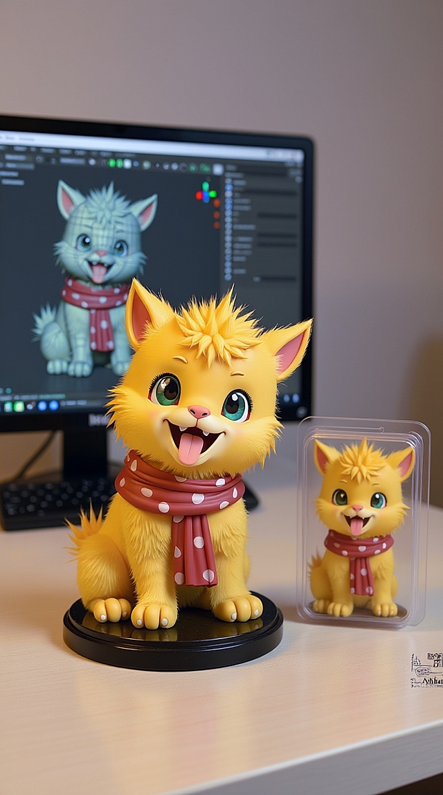 3D卡通猫咪，拟人化设计，毛发生长风，可爱感十足，节日氛围浓厚。