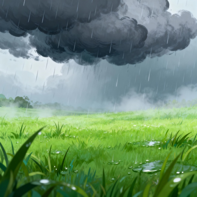 做一个卡通有乌云下雨草地背景预览效果