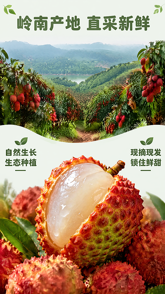 [第2屏] 产地直采优势展示屏-新鲜荔枝产地宣传。
[氛围/风格] 自然原生态果园风格，开阔清新氛围感，真实风光摄影质感。
[元素布局] 上半部分为岭南荔枝园实景全景，漫山遍野的荔枝树挂满红色荔枝，展示原生态种植环境；下半部分居中展示切开的主体荔枝，保持荔枝外皮红绿色渐变带凸起纹理、莹白饱满半透果肉的物理结构、材质质感、颜色与输入产品图一致，荔枝占下半部分约60%比例，左右两侧预留文字区域，前景加散落的荔枝叶点缀。
[光影质感] 上午柔和自然太阳光，整体光线均匀通透，远景果园有空气层次感，近景荔枝纹理清晰，果肉水润反光自然。
[配色色系] 全局底色：#F2F9F0（浅暖绿）；主体配色：深绿山林 +#EC5538（荔枝外皮红）+#F0FDF9（果肉莹白）；辅助色：#FFFFFF（标题白）+#2D5929（深绿文字）。
[视角构图] 上下分栏构图，上远景果园下近景产品，视觉动线从上至下自然流畅。
[文字版式] 顶部通栏大标题「岭南产地 直采新鲜」，深绿圆角黑体字，居中，纯色填充；下半部分左右分栏放两个卖点：左侧「自然生长 生态种植」、右侧「现摘现发 锁住鲜甜」，每点配小叶子图标，文字清晰不遮挡荔枝主体。字体全程使用圆角黑体，仅使用深绿和白色2种颜色，所有标题使用纯色填充，风格统一。
[比例分辨率] 9:16竖版比例，4K分辨率，文字清晰可辨，超高清。
[负向提示词] 荔枝变形，颜色偏差，文字错位，果园杂乱，水印，模糊，虚假场景
