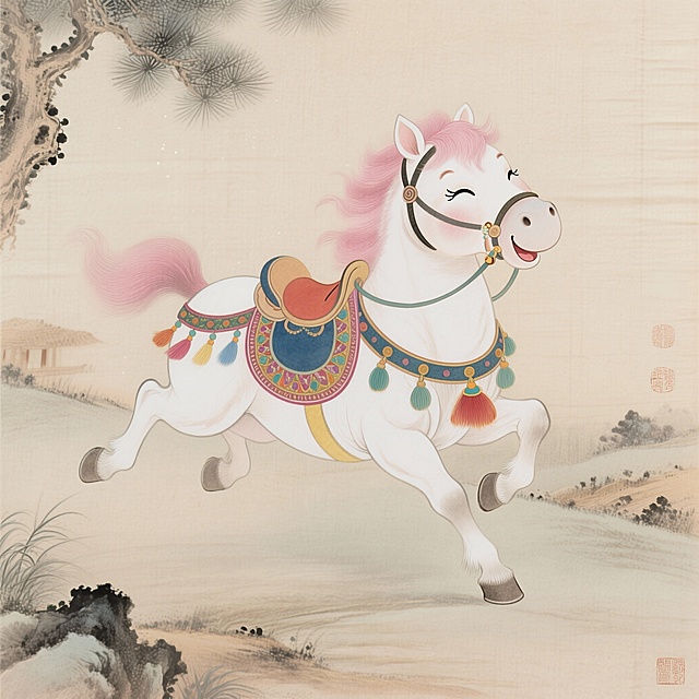 水墨风与工笔风交融，拟人化的可爱白马跃动于山水间，粉色鬃毛飘逸，尽显中式梦幻与卡通趣味。