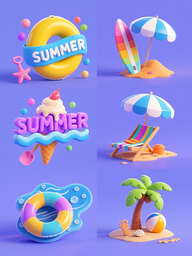 六个系列素材集合，每个素材均为纯色背景下的3D立体风格夏日元素造型，保持相同的圆润厚实3D质感、明亮饱和的色彩搭配（黄色、蓝色、紫色、粉色为主色调）、细腻的光泽反射和柔和阴影效果。系列造型分别为：1. 黄色救生圈与蓝色"SUMMER"文字组合，点缀粉色小铲子和粉色海星；2. 彩色冲浪板斜靠在立体波浪形"SUMMER"文字旁，搭配橙色小沙堆；3. 冰淇淋造型的立体字母组合，顶部有融化滴落效果，周围环绕彩色气泡；4. 海滩遮阳伞与躺椅组合，伞面为蓝白条纹，躺椅上放有彩色毛巾；5. 漂浮的彩色游泳圈和水波纹立体图案，点缀水滴和气泡元素；6. 立体椰子树与沙滩球组合，树下有小贝壳和脚印装饰。所有素材均采用相似的构图布局，元素排布规整有序，整体风格统一且充满夏日欢快氛围，无任何文字、LOGO、电话地址及二维码。