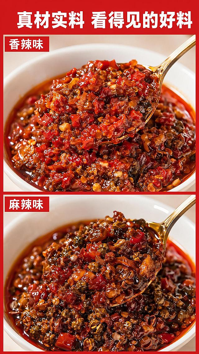 [第5屏] 产品质地展示，倍珍香烤鱼调料两种口味膏体实拍。本屏使用分区版式，同时展示香辣味和麻辣味。
[氛围/风格] 真实酱料质地，微距拍摄，油润诱人，突出真材实料。
[元素布局] 顶部主标题，屏幕分为上下两个等大区域，上半区展示香辣味：舀出一勺酱料放在白碗中，酱料颗粒分明油润红亮；下半区展示麻辣味：同样舀出一勺酱料展示不同质地；两种口味都保持酱料真实自然，颗粒可见，真材实料一目了然。
[光影质感] 侧光打亮酱料表面，突出油润光泽和颗粒纹理，阴影柔和，整体质感真实诱人。
[配色色系] 全局底色 #ED2024，分区使用浅米白底衬酱料，主色白色标题，红色点缀文字。
[视角构图] 上下分区对称构图，每个区域酱料占比约70%，视觉焦点清晰，阅读从上到下。
[文字版式] 主标题「真材实料 看得见的好料」白色加粗大字顶部；上下区域分别标注：左上『香辣味』，左下『麻辣味』白色字体在红底块上；字体与整体保持一致，文字大小合适清晰，不遮挡酱料主体。
[比例分辨率] 宽度1080，高度1920，9:16 竖版比例，4K 分辨率，文字清晰可辨，高清画质。
[负向提示词] 酱料质地浑浊，颗粒模糊，颜色失真，文字错乱，布局不对称，水印。