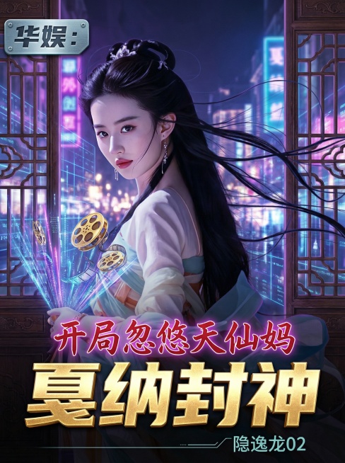 保留原图女子的古典发型与清冷神情，赋予其幕后掌控者的气场，环境光改为冷调的都市霓虹（紫蓝），手中道具替换为发光的数据流与金色电影胶片；背景是古典窗棂与虚拟数据网格的融合，远处是璀璨的戛纳夜景光晕，整体预览效果