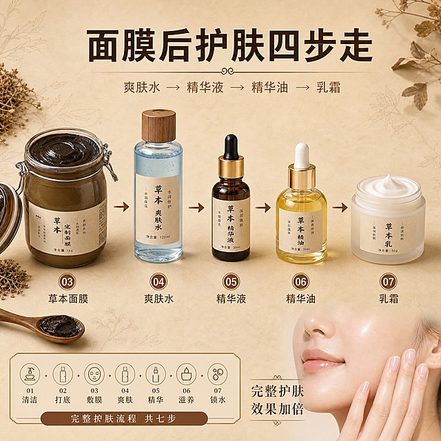 [主图-3] 草本面膜使用流程第三步：后续护肤完整流程。教学型主图，清晰展示面膜后的完整护肤顺序。
[统一基调] 草本植萃温润风格，整体暖米杏色调，搭配深棕色主标题和浅棕色辅助文字，字体为干净的非衬线体，标题粗体醒目，辅助文字纤细清晰。背景为带有淡淡草本植物纹理的米杏色渐变，点缀少量干草药叶、原木勺等自然元素，营造天然护肤氛围。
[画面] 画面采用横向流程式布局，从左到右依次展示四个护肤步骤的瓶罐产品，用箭头连接。草本面膜罐放在最左侧，作为流程起点，然后依次是：爽肤水（透明玻璃瓶+蓝色液体）、精华液（滴管小棕瓶）、精华油（金色小圆瓶）、乳霜（白色磨砂膏霜罐）。每款产品下方对应一个圆形步骤编号和产品名称。画面右下角展示一张干净透亮的女性脸部局部特写（下巴和脸颊区域），皮肤水润有光泽，代表护肤后的效果。
[光影质感] 柔和自然光，每个瓶罐都有精致的高光和阴影，玻璃材质通透，膏霜质感细腻。右下角脸部皮肤呈现水润透亮的健康光泽。整体商业摄影质感，高级干净。
[配色] 主背景暖米杏色，标题深棕色，辅助文字浅棕色，各产品保持自身颜色但整体色调协调统一。
[文字版式] 画面上方居中大字号主标题："面膜后护肤四步走"，主标题下方小字："爽肤水 → 精华液 → 精华油 → 乳霜"。每个产品下方标注步骤编号和名称："04 爽肤水"、"05 精华液"、"06 精华油"、"07 乳霜"，用箭头依次连接。右下角配文字："完整护肤 效果加倍"。底部有流程总结条，标注"完整护肤流程 共七步"。所有文字横排，清晰可读，层级分明。
[输出要求] 1:1正方形比例，2048x2048像素，产品清晰不变形，文字清晰无错字，画面干净专业，草本护肤质感。负向：模糊、变形、错字、水印、杂乱背景、夸张效果、医疗暗示、人物面部扭曲。