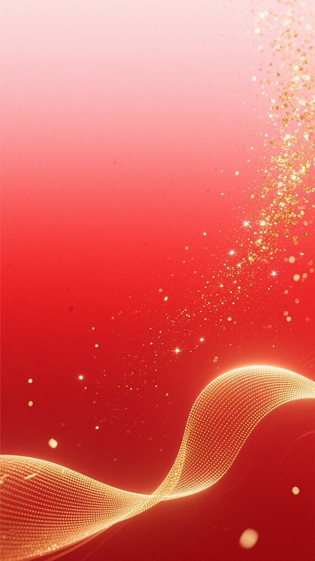 一张具有高级感的红色渐变背景海报，以红色为主色调，从上部的浅粉色逐渐过渡到中部的正红色，再到下部的深红色，色彩和谐且富有层次感。画面中金色的粒子和闪光点缀其中，分布不均，右侧有一片较为密集的金色闪光点，增添了华丽和闪耀的氛围。底部有一条金色的波浪形线条，线条上带有细密的网格纹理，呈现出流畅的曲线形态，从左下角向右上角延伸，动感十足。整体构图采用了视觉引导线，引导观者视线跟随波浪线和闪光流动，光影运用柔和，高光主要集中在金色线条和闪光点上，阴影细节较少，整体呈现出明亮、喜庆且科技感十足的氛围。背景简洁干净，没有多余的元素，信息传达效率高，留白恰到好处，使得主体视觉元素更加突出，具有强烈的现代设计感和节日庆典的感觉。