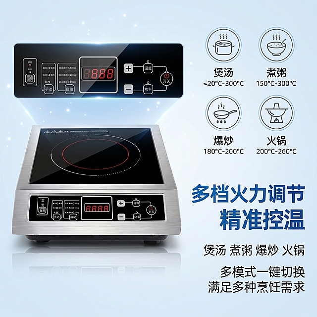 1:1 竖版电商主图，杂志级排版，高级科技风，浅蓝渐变背景，画面主体为电磁炉按键区特写，严格还原上传的产品细节，尺寸比例 1:1。主标题 “多档火力调节 精准控温”，蓝色加粗大字，放置于画面上方；副标题 “煲汤 / 煮粥 / 爆炒 / 火锅，多模式一键切换，满足多种烹饪需求”，位于主标题下方。画面右侧展示不同烹饪模式的图标与场景示意图：煲汤、煮粥、爆炒、火锅，搭配对应温度档位标注。左侧放置产品正面图，突出按键与显示屏的设计。整体色彩清新，科技感强，排版清晰易懂。「图片1」