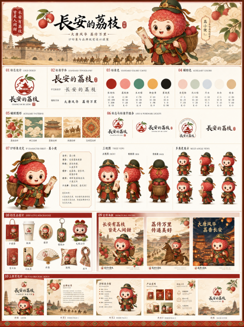 "长安的荔枝"项目视觉设计展板，尺寸为90cm宽×120cm高，包含标志设计、标准字、标准色、辅助色、辅助图形、标志与标准字组合，完整展示IP形象正面、侧面、背面多角度内容，丰富展示衍生产品和宣传海报预览效果