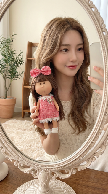 中的娃娃高度在24cm，需要生成奶茶发色美女，拿着娃娃，对镜子自拍的照片。要求9：16，画质高清，手中娃娃清晰，人物只露出上半身，美女风格可以多元化，比如御姐，辣妹，甜妹等，适合小红书平台种草娃娃产品预览效果