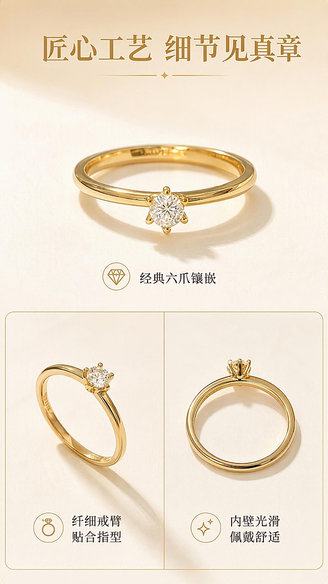 [第3张] 产品解析页-多角度全方位展示戒指结构。本张使用【图2】【图3】【图4】作为多角度展示素材。
[氛围/风格] 精致专业珠宝展示风，干净高级。
[元素布局] 画面采用三宫格布局，上方大图为戒指正面全貌（使用【图4】），左下为戒指侧面角度（使用【图3】），右下为戒指戒圈内侧细节（使用【图2】）；背景为浅香槟色渐变，每格之间有细金线分隔；所有角度的戒指均保持金色六爪单钻、纤细戒圈结构与输入图一致。
[光影质感] 统一上方柔光，每个角度的戒指都有清晰高光和自然投影，金属质感细腻。
[配色色系] 全局底色 #F8F0E3 浅香槟色；主色金色；辅助色深棕文字。
[视角构图] 组合式构图，正面、侧面、细节多角度呈现，阅读动线从上到下、从左到右。
[文字版式] 版式为顶部标题 + 三图展示 + 图旁标注。顶部主标题「匠心工艺 细节见真章」，衬线字体金色；正面图标注「经典六爪镶嵌」，侧面图标注「纤细戒臂 贴合指型」，细节图标注「内壁光滑 佩戴舒适」；标注文字为小号深棕色，配金色小图标。
[比例分辨率] 9:16 竖版比例，4K分辨率，文字清晰可辨，高清画质。
[负向提示词] 戒指变形，角度错误，颜色偏差，标注文字错乱，水印，背景杂乱。