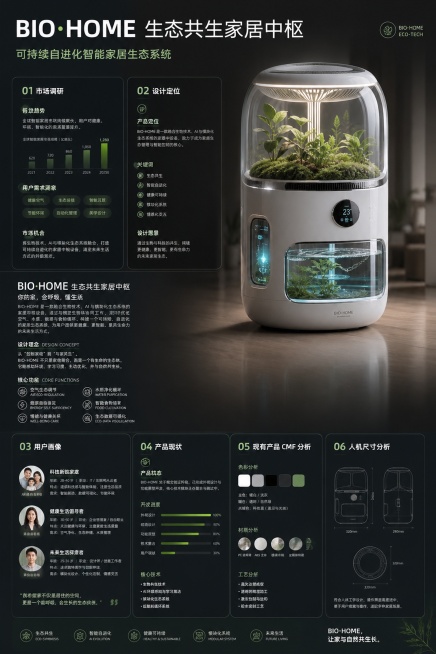 A3竖向展板设计，设计一款名为"BIO·HOME"的融合生物技术AI与模块化生态系统的家庭中枢设备的产品设计展板，100%还原上传产品图的外形、包装、LOGO、印刷文字和结构，保持产品外观不变。整体风预览效果