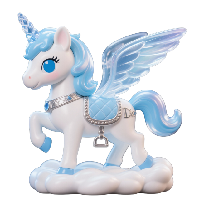 生成跟图片风格一样可爱的独角兽，颜色以蓝色白色为主，有Dior迪奥大牌风格感觉，结合一起，三组动作预览效果