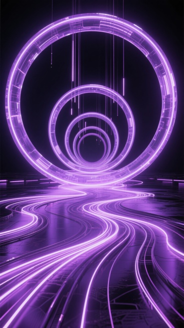 未来科技感3D渲染场景，深邃黑色背景中，由多个同心半透明发光圆环构成的巨大环形结构居中矗立，地面是由交错旋转的发光线条组成的动态路径，无数细长的发光线条从顶部垂落，整体呈现出强烈的赛博朋克氛围和空间纵深感，光影效果突出，光源来自环形和线条自身的发光，阴影细腻，所有发光元素呈现明亮的紫色调，与黑色背景形成鲜明对比，保持原有的构图布局和科技感设计风格。预览效果