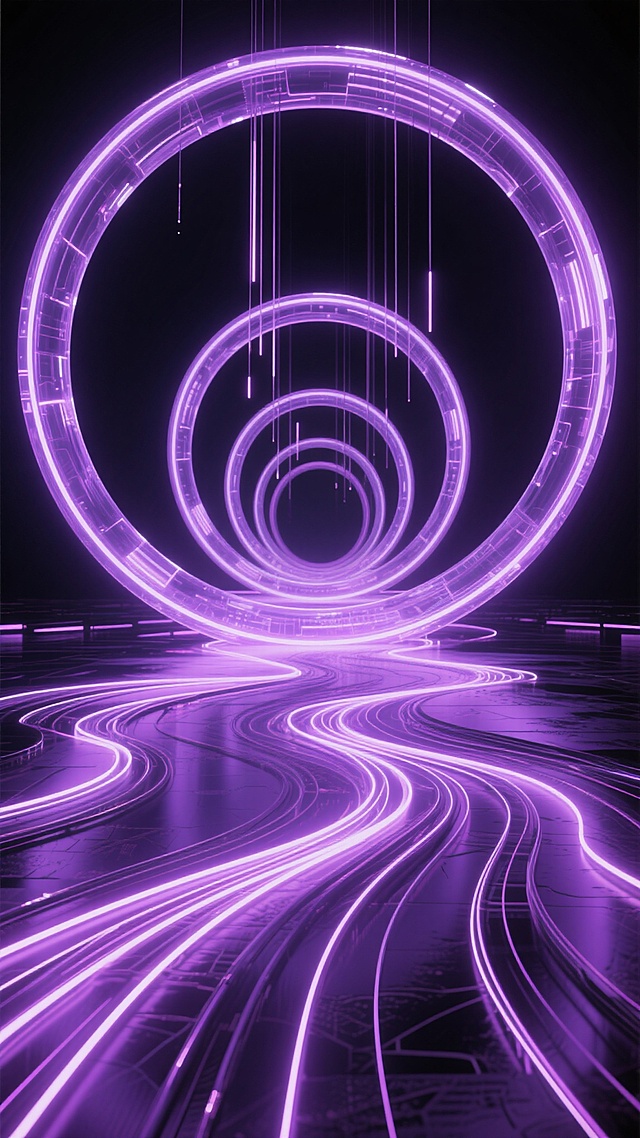 未来科技感3D渲染场景，深邃黑色背景中，由多个同心半透明发光圆环构成的巨大环形结构居中矗立，地面是由交错旋转的发光线条组成的动态路径，无数细长的发光线条从顶部垂落，整体呈现出强烈的赛博朋克氛围和空间纵深感，光影效果突出，光源来自环形和线条自身的发光，阴影细腻，所有发光元素呈现明亮的紫色调，与黑色背景形成鲜明对比，保持原有的构图布局和科技感设计风格。