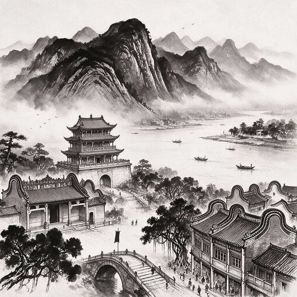 黑白水墨国画风格，广东特色地标建筑，广州陈家祠与镇海楼，岭南传… - 图片创意预览