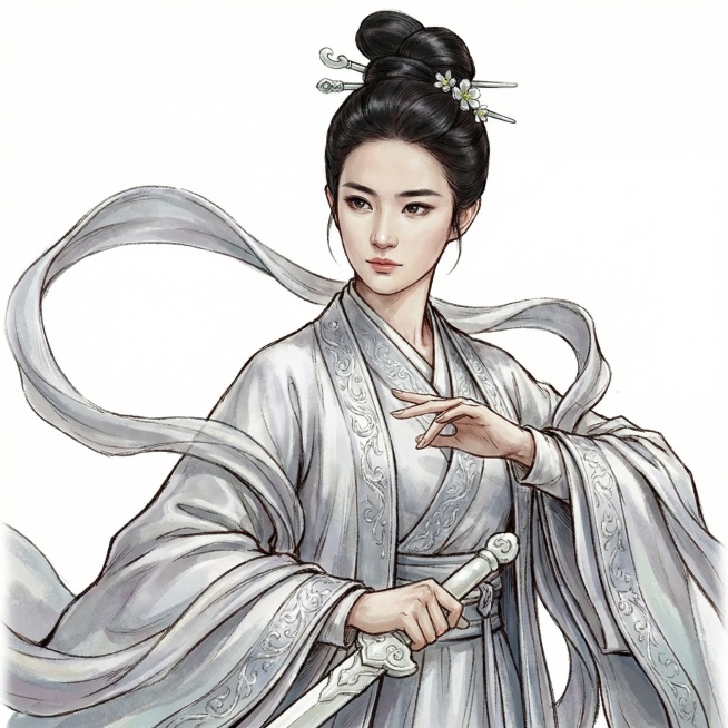 图片的比例、尺寸、画风不做修改，人物的动作、发型、发饰、服饰贴近金庸小说神雕侠侣中的古墓派祖师林朝英，人物衣服富有层次感，人物的五官和表情贴近女明星刘亦菲预览效果