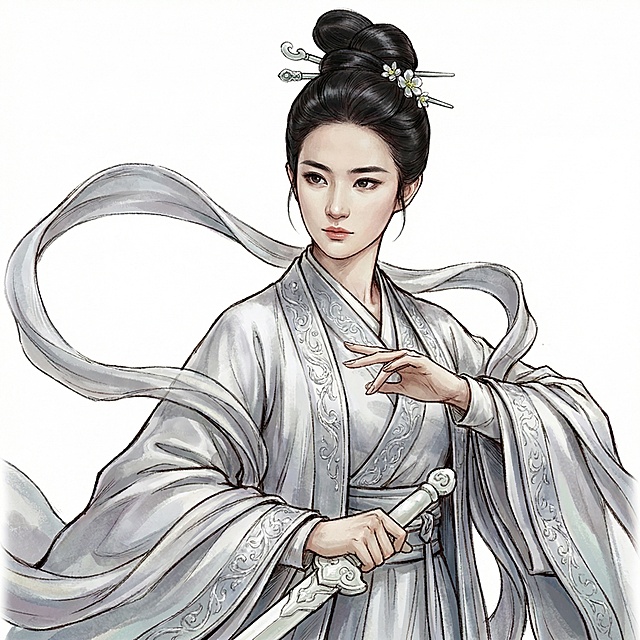 图片的比例、尺寸、画风不做修改，人物的动作、发型、发饰、服饰贴近金庸小说神雕侠侣中的古墓派祖师林朝英，人物衣服富有层次感，人物的五官和表情贴近女明星刘亦菲