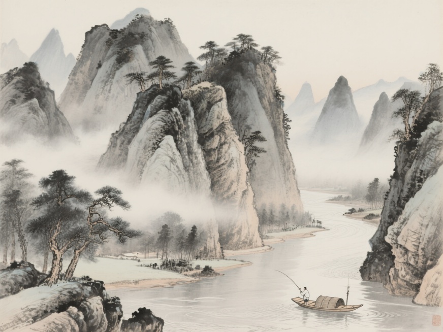 雄伟的山峰占据画面主要部分，山峰上有松树和岩石纹理，蜿蜒的河流连接山体与远方，形成纵深感，河岸边有渔舟和垂钓者，整体符合中国传统山水画审美标准，笔触细腻流畅，注重意境表达，参考李唐、范宽等宋代画家作品预览效果