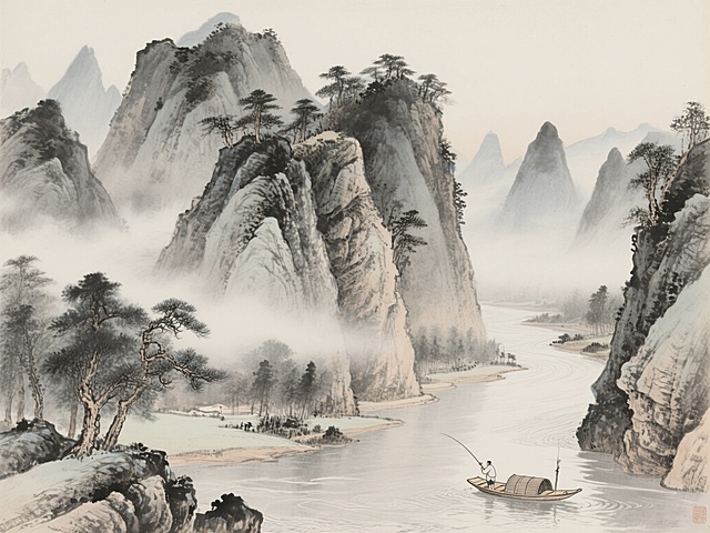雄伟的山峰占据画面主要部分，山峰上有松树和岩石纹理，蜿蜒的河流连接山体与远方，形成纵深感，河岸边有渔舟和垂钓者，整体符合中国传统山水画审美标准，笔触细腻流畅，注重意境表达，参考李唐、范宽等宋代画家作品风格，利用雾气、流水营造朦胧、静谧的氛围，传达超然物外、宁静致远的情感